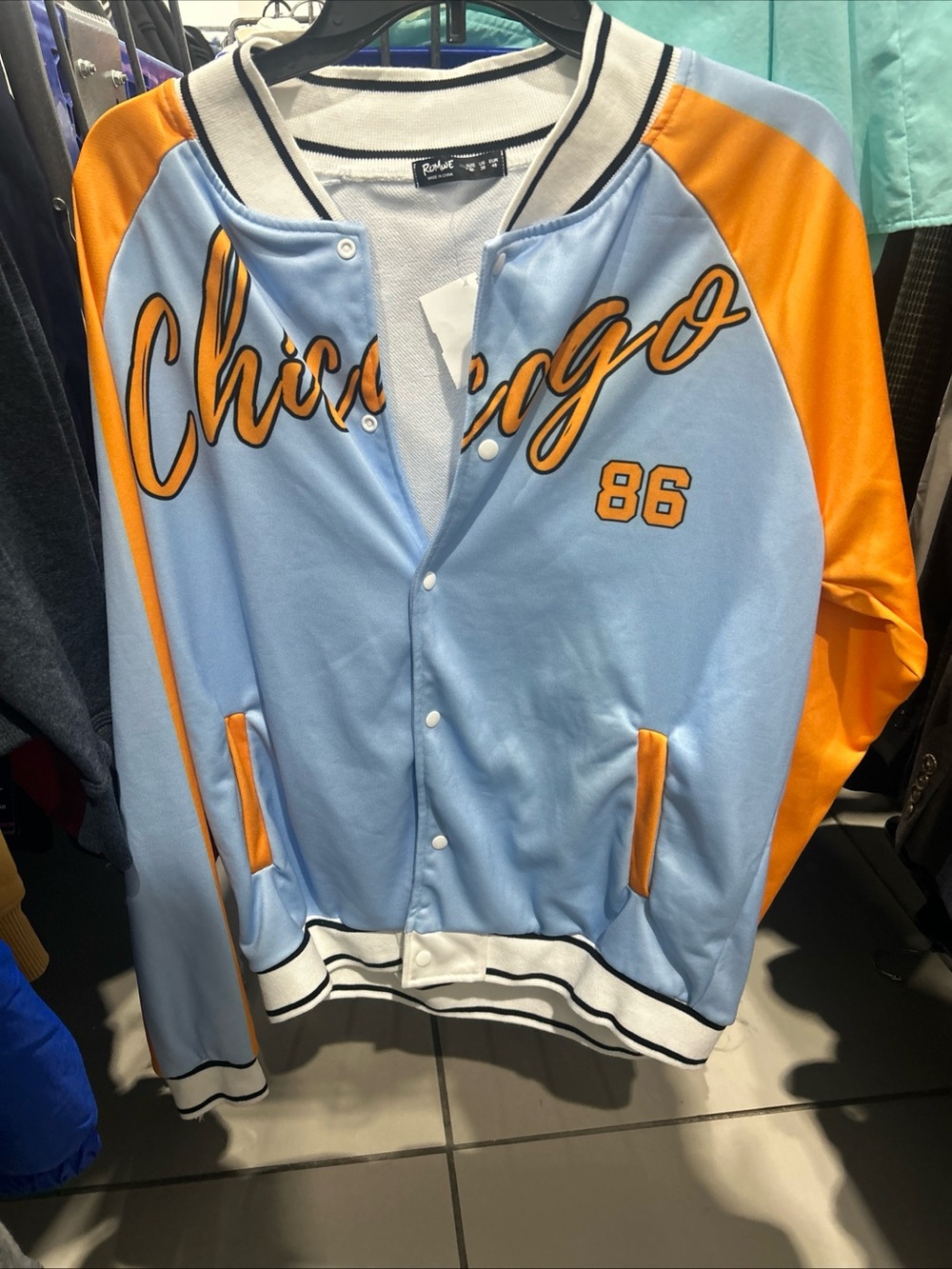 ROMWE Light Blue and Orange Chicago Script Bomber Jacket